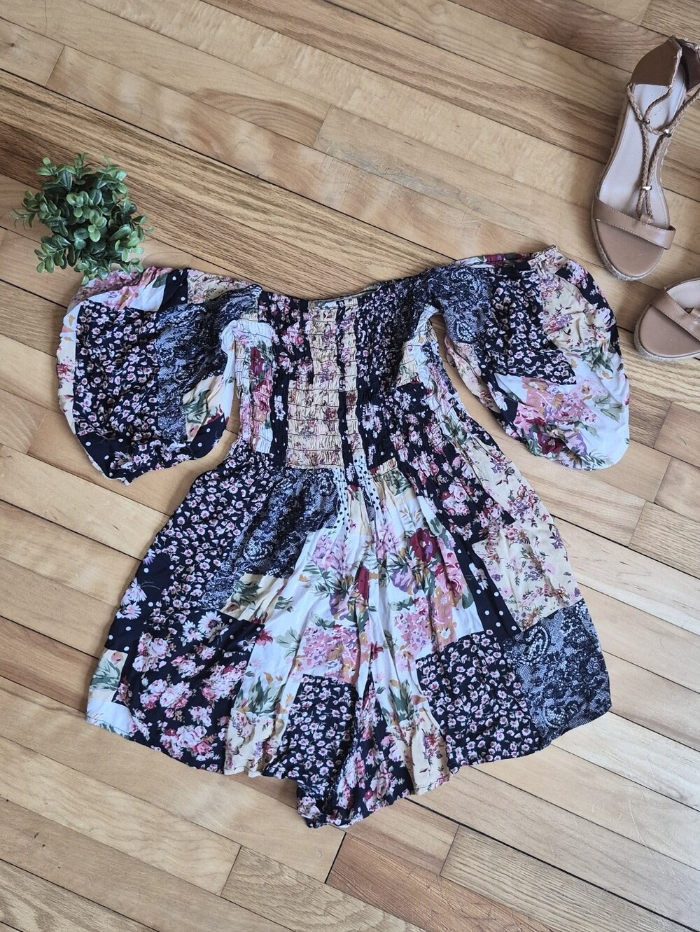 Kimchi Blue Floral Patchwork Smocked Romper in Black, Cream and Pink